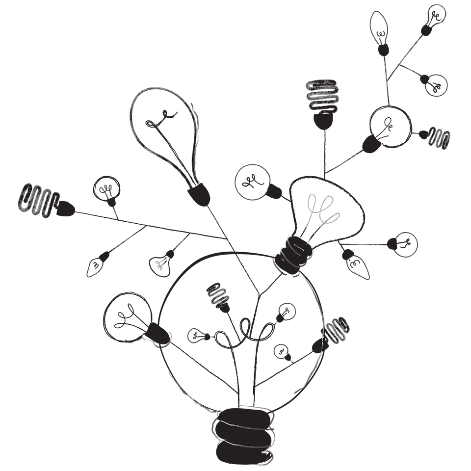Abstract illustration of light bulbs branching out from a central bulb in a creative design
